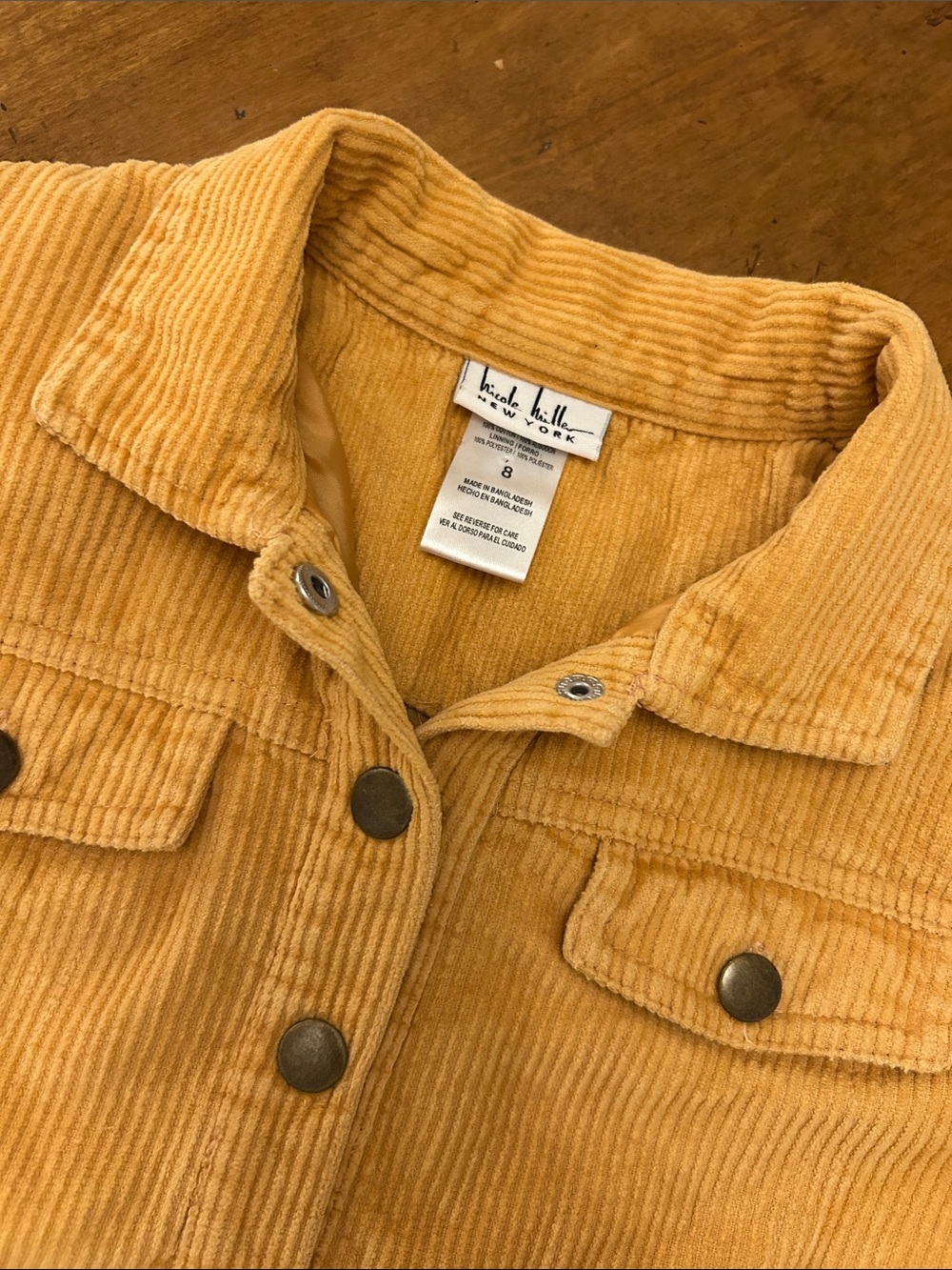 Nicole Miller New York Mustard Gold Corduroy Button-Front Jean Jacket, Size 8